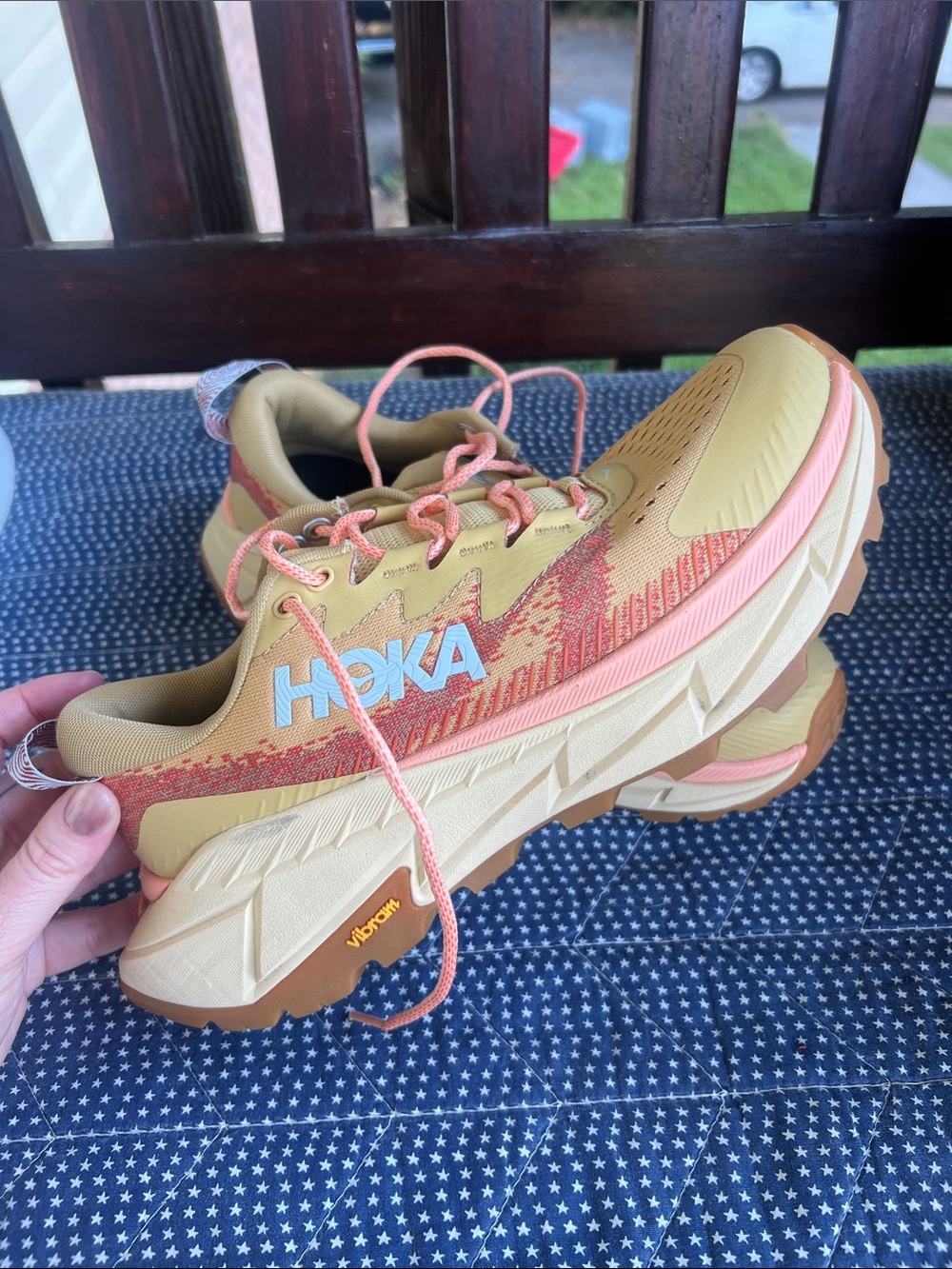 Hoka Women's Trail Runner in Yellow with Peach Accents- Vibram